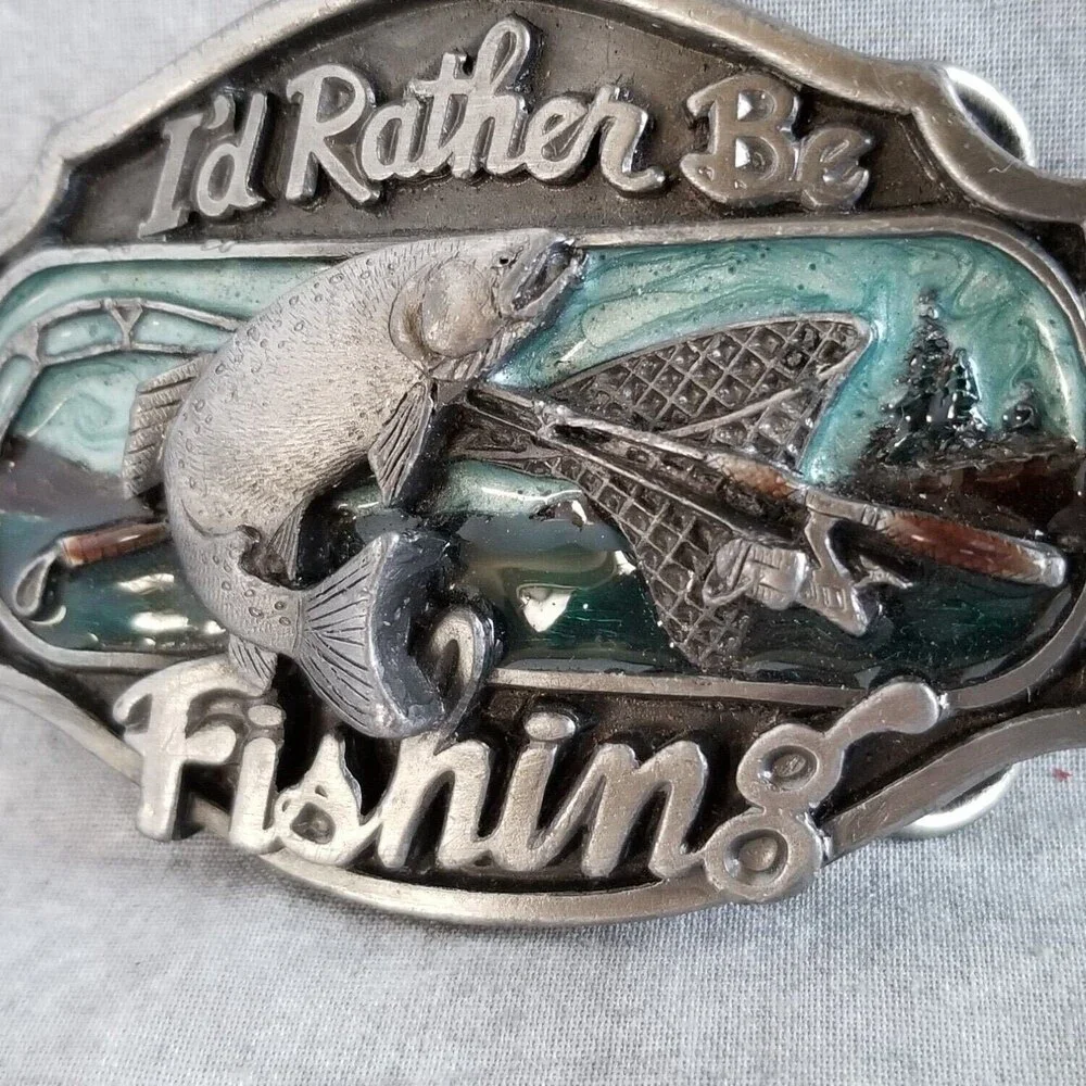 Vintage I'd Rather Be‎ Fishing Belt Buckle Rio Grande Buckle Co. 1989 Pewter